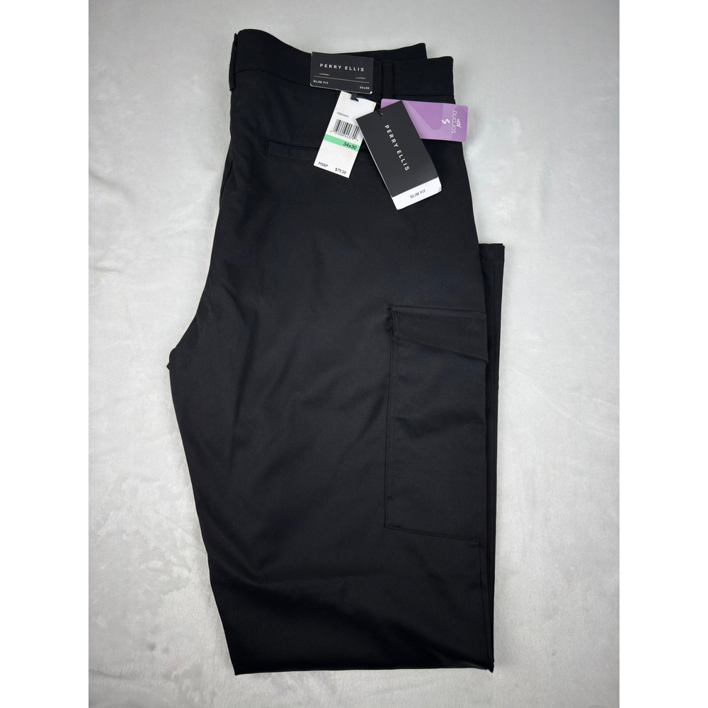 Perry Ellis Mens Black Slim Fit Sorona Stretch Cargo Pants 34x30 (36 waist) New